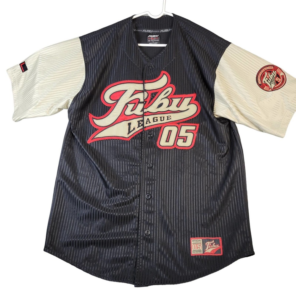 Fubu Baseball Jersey 05 Mens Size L Short Sleeve Stitched Black Red Gold Hip Hop